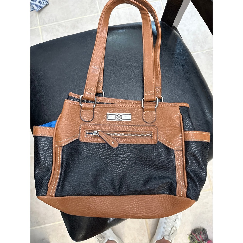 Brown & Navy Satchel Handbag‎ Purse Front Zip Pocket Stylish Everyday Bag